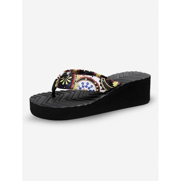 Beach Vacation Printed Boho Style Wedge Heeled Platform Flip Flops