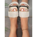Women's Faux Pearl Decor Metallic Color Flat Heel Slide Sandals Women's Faux Pearl Decor Metallic Color Flat Heel Slide Sandals