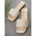 Women's Faux Pearl Decor Metallic Color Flat Heel Slide Sandals Women's Faux Pearl Decor Metallic Color Flat Heel Slide Sandals