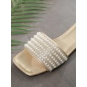 Women's Faux Pearl Decor Metallic Color Flat Heel Slide Sandals Women's Faux Pearl Decor Metallic Color Flat Heel Slide Sandals