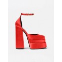 Pair Of Satin Platform Chunky Heels Ankle Strap Pumps Thick Bottom Shoes