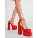 Pair Of Satin Platform Chunky Heels Ankle Strap Pumps Thick Bottom Shoes