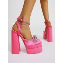 Pair Of Rhinestoned Bowknot Crisscross Ankle Strappy Platform Chunky Heel Satin Pumps